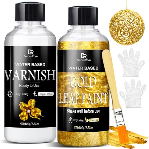 DecorRom Liquid Gold Leaf Paint Kit - 3.53oz Ultra Shiny Quick Dry Metallic Gilding Paint, High Gloss Finish with Varnish - Non-Toxic, Waterproof Gold Leaf Paint for Crafts, Resin Art, DIY, Furniture, Wood - Image 1