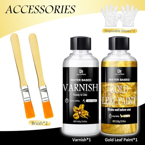 DecorRom Liquid Gold Leaf Paint Kit - 3.53oz Ultra Shiny Quick Dry Metallic Gilding Paint, High Gloss Finish with Varnish - Non-Toxic, Waterproof Gold Leaf Paint for Crafts, Resin Art, DIY, Furniture, Wood - Image 2