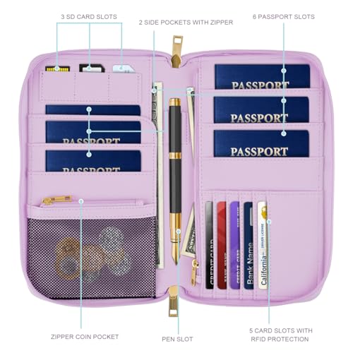 Simikol Family Passport Holder Wallet RFID Blocking Document Organizer PU Leather Mulit-purpose Travel Wallet Credit Cards Case for Women Men, Smokey Purple - Image 2