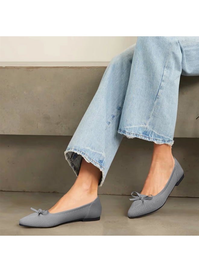 TINGRISE Women's Flats Pointed Toe Bow Knit Ballet Shoes Comfortable Dressy Mesh Slip On Flat, Grey, 43 EU - Image 2