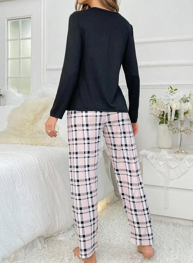 Take Two Take Two Text Print T-Shirt and Checked Pyjama Set