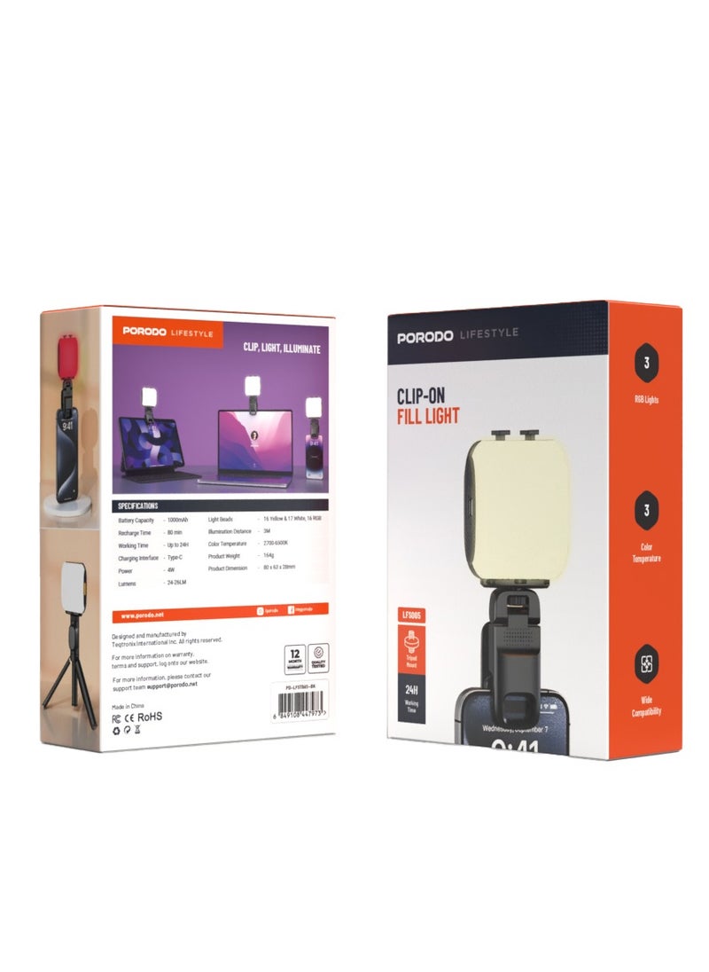 Clip-On Fill Light with Tripod Mount / Wide Compatibility / 3 Color Temperature / White Yellow and RGB Lights / Wide Compatibility/ Selfie Phone Light - Black
