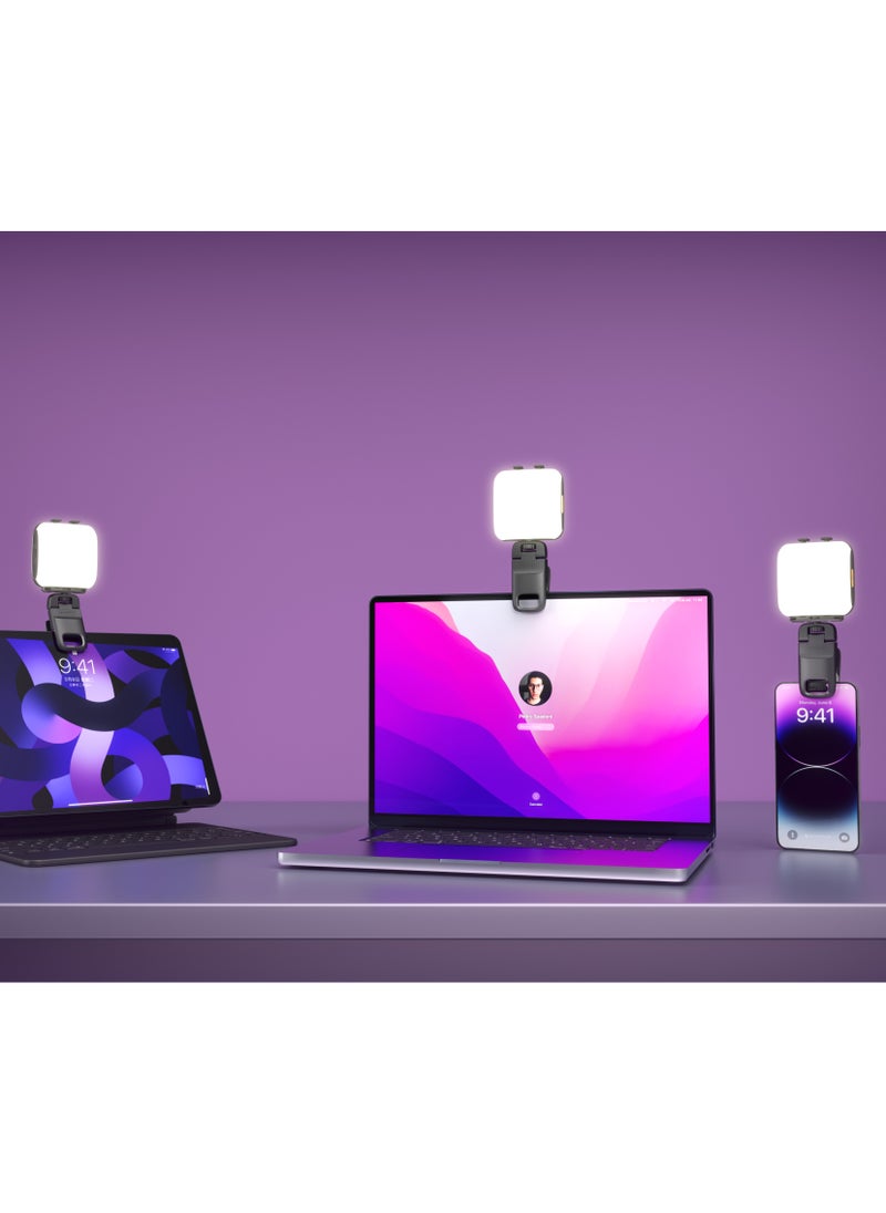 Clip-On Fill Light with Tripod Mount / Wide Compatibility / 3 Color Temperature / White Yellow and RGB Lights / Wide Compatibility/ Selfie Phone Light - Black