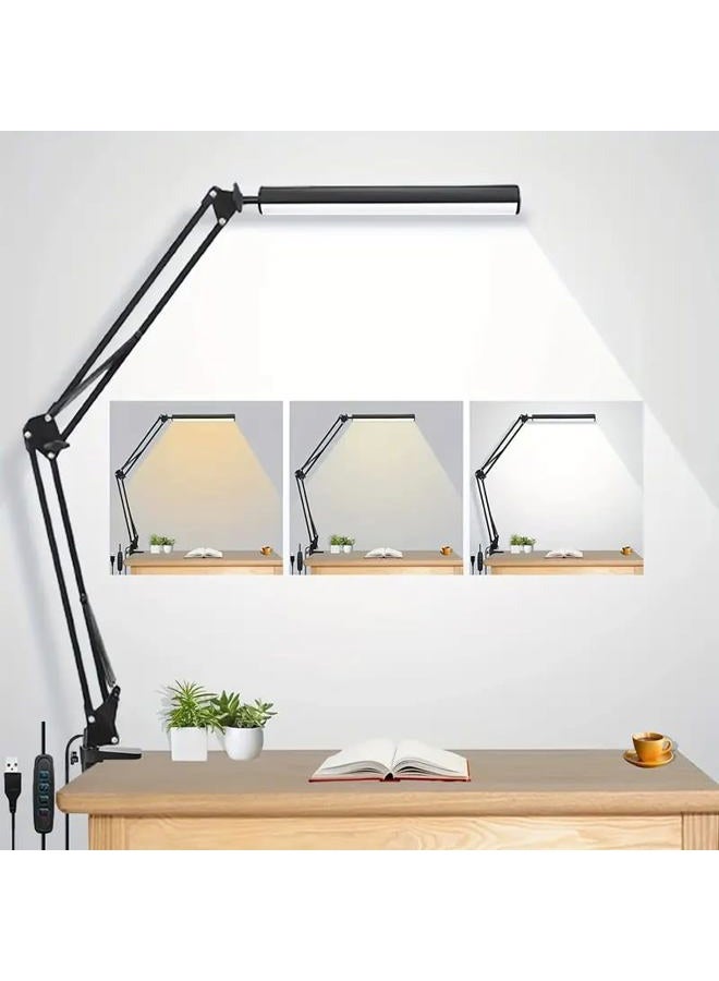 HDView LED Desk Lamp with Eye-Caring 3 Modes 10 Brightness, Adjustable Swing Arm Long Flexible Lamp for Office Workers and Students, USB Port - Image 1