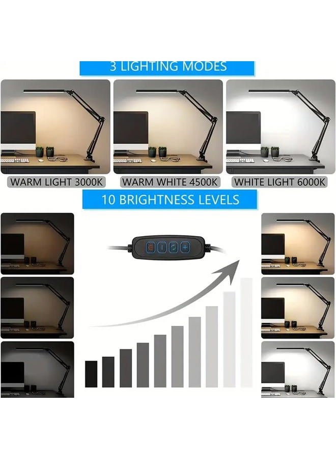 HDView LED Desk Lamp with Eye-Caring 3 Modes 10 Brightness, Adjustable Swing Arm Long Flexible Lamp for Office Workers and Students, USB Port - Image 4