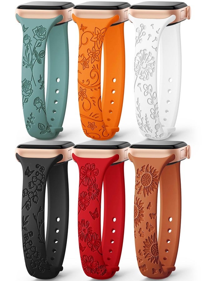 امسكاي مجموعة AMSKY من 6 أساور رفيعة محفورة بنقوش زهرية، متوافقة مع ساعات Apple Watch بمقاسات 40 مم، 41 مم، 42 مم، 38 مم، 44 مم، 45 مم، 46 مم، 49 مم، للنساء. سوار رياضي أنيق من السيليكون لساعات iWatch Series 10 Ultra و9 و8 و7 و6 و5 و4 و3 و2 و1 وSE. - Image 1