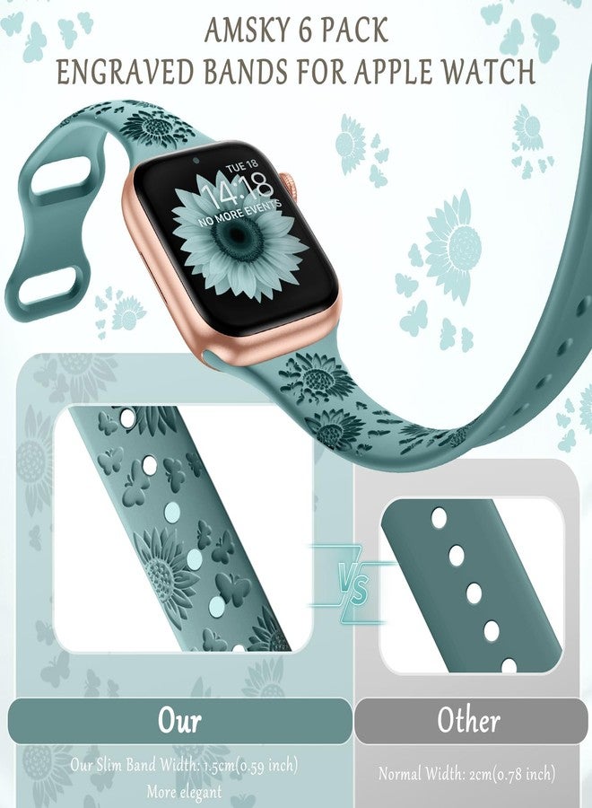 امسكاي مجموعة AMSKY من 6 أساور رفيعة محفورة بنقوش زهرية، متوافقة مع ساعات Apple Watch بمقاسات 40 مم، 41 مم، 42 مم، 38 مم، 44 مم، 45 مم، 46 مم، 49 مم، للنساء. سوار رياضي أنيق من السيليكون لساعات iWatch Series 10 Ultra و9 و8 و7 و6 و5 و4 و3 و2 و1 وSE. - Image 3