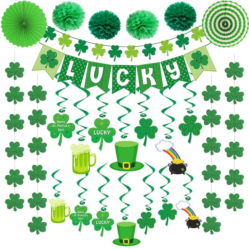 DAZONGE 40ct St Patricks Day Decorations Kit Hanging Swirls Banner Shamrock Garlands for St Patricks Day Decor Saint Patricks Day Party Favor