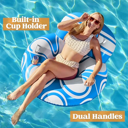 Sloosh Inflatable Pool Floats Lounger - Pool Floaties Blow Up Air Sofa Floating Chair with Big Backrest, Heavy Duty River Tubes Summer Lake Beach Water Float Raft Floaty for Adults (Blue White) - Image 2