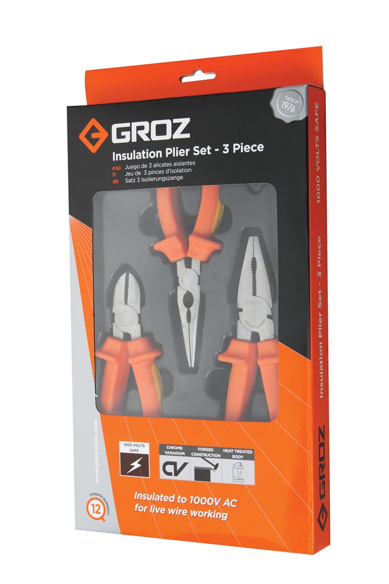GROZ 3 Piece Insulation Plier Set with Insulation to 1000V AC| Plier set for Cutting, Bending, Pulling & Gripping Wires| High Strength Construction| Corrosion Resistant| Ergonomic Grip| PLR/CV/ST3A - Image 2