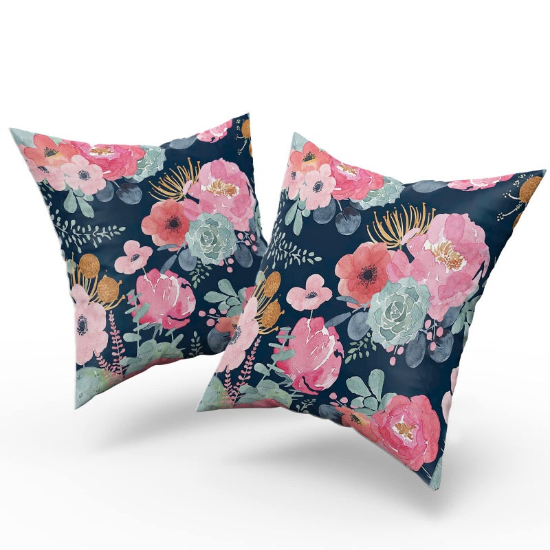 Granbey Watercolor Flower Throw Pillow Cover 18X18 Inch Pink Peony Floral with Green Leaf Decorative Pillow Cases Summer Navy Blue Cushion Cover for Home Bedroom Outdoor Garden Decor - Image 2
