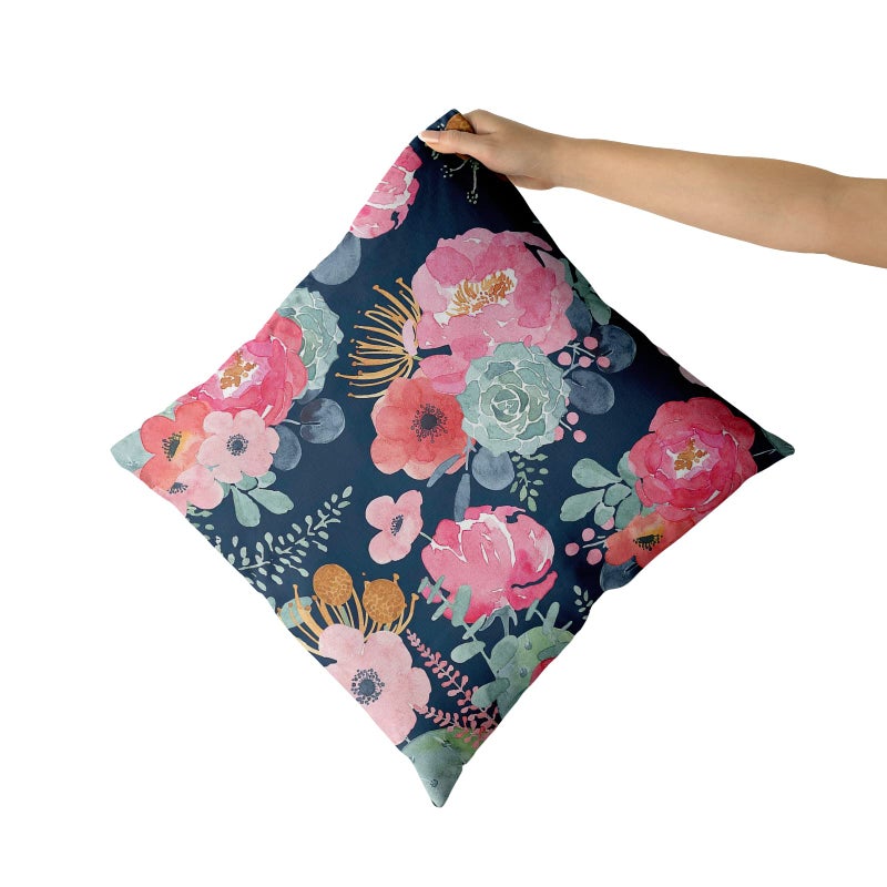 Granbey Watercolor Flower Throw Pillow Cover 18X18 Inch Pink Peony Floral with Green Leaf Decorative Pillow Cases Summer Navy Blue Cushion Cover for Home Bedroom Outdoor Garden Decor - Image 3