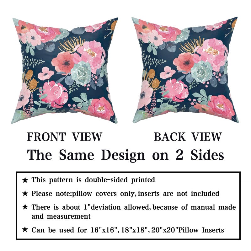 Granbey Watercolor Flower Throw Pillow Cover 18X18 Inch Pink Peony Floral with Green Leaf Decorative Pillow Cases Summer Navy Blue Cushion Cover for Home Bedroom Outdoor Garden Decor - Image 5