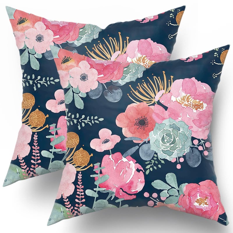 Granbey Watercolor Flower Throw Pillow Cover 18X18 Inch Pink Peony Floral with Green Leaf Decorative Pillow Cases Summer Navy Blue Cushion Cover for Home Bedroom Outdoor Garden Decor - Image 1