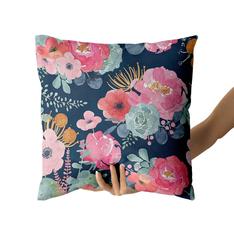 Granbey Watercolor Flower Throw Pillow Cover 18X18 Inch Pink Peony Floral with Green Leaf Decorative Pillow Cases Summer Navy Blue Cushion Cover for Home Bedroom Outdoor Garden Decor - Image 4
