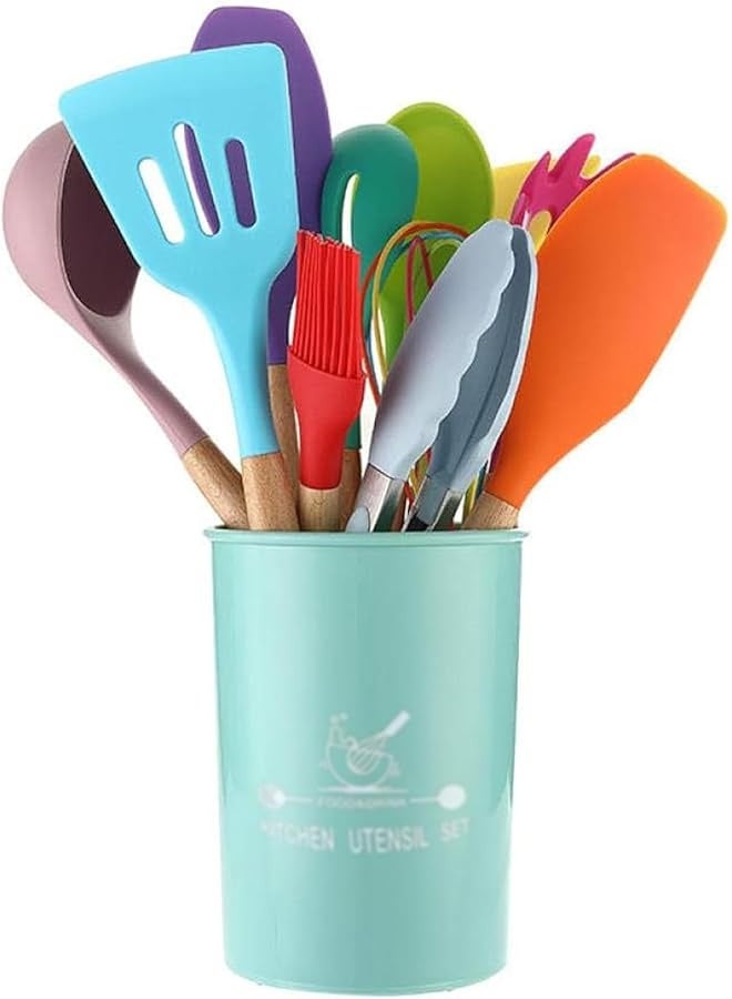 PROMASS Kitchen Utensil Set, 12 Pieces, Silicone and Wooden, Heat Resistant, Non-Stick Cookware Tools (Multicolor)  - Image 1