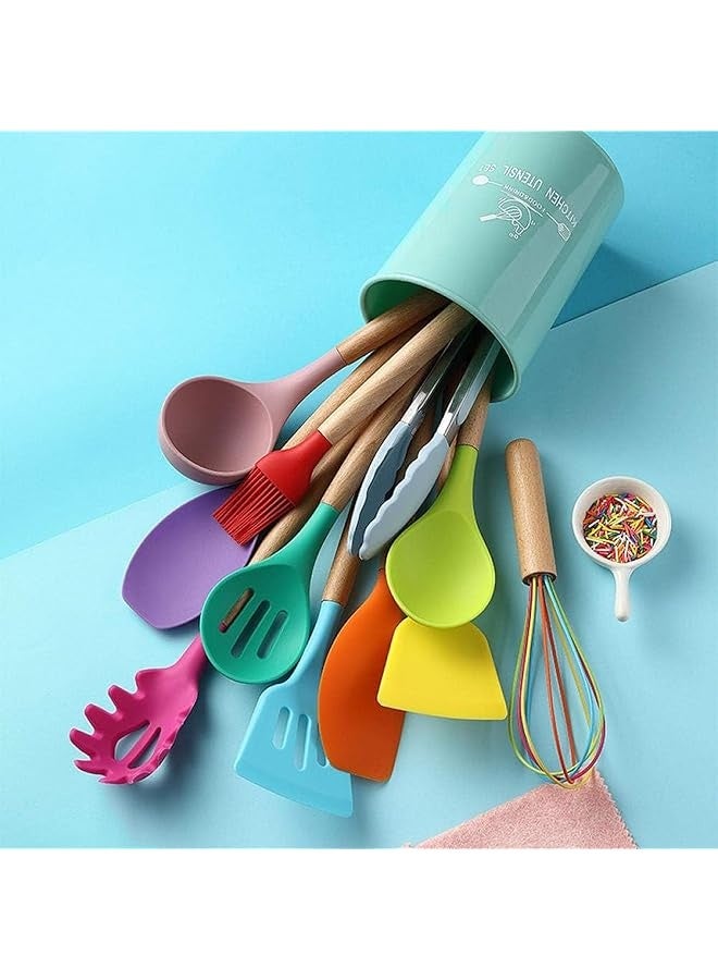 PROMASS Kitchen Utensil Set, 12 Pieces, Silicone and Wooden, Heat Resistant, Non-Stick Cookware Tools (Multicolor)  - Image 4