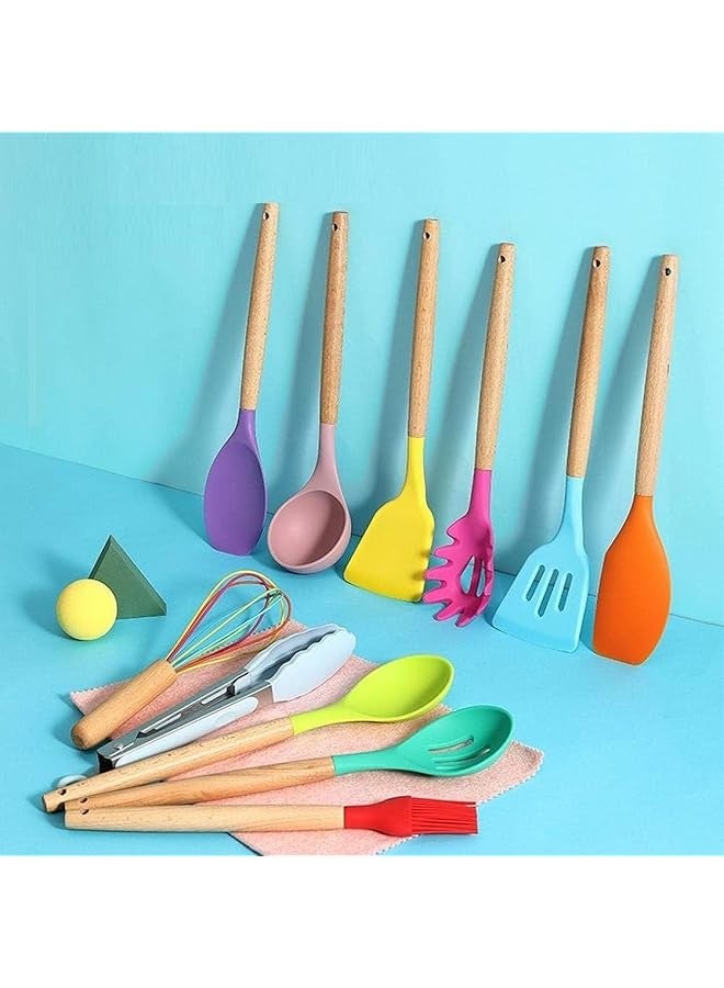 PROMASS Kitchen Utensil Set, 12 Pieces, Silicone and Wooden, Heat Resistant, Non-Stick Cookware Tools (Multicolor)  - Image 3