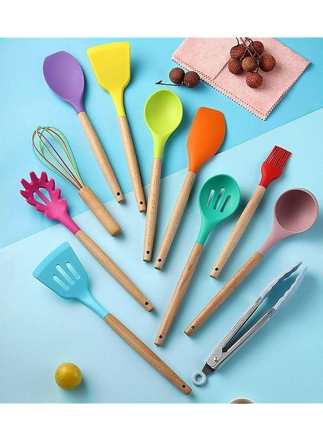 PROMASS Kitchen Utensil Set, 12 Pieces, Silicone and Wooden, Heat Resistant, Non-Stick Cookware Tools (Multicolor)  - Image 2