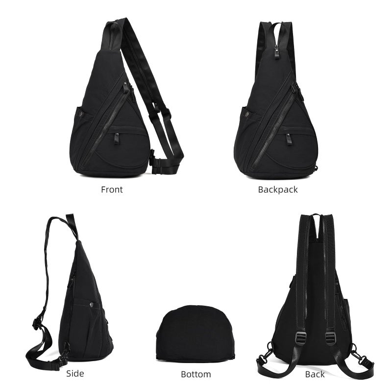 KL928 Crossbody Sling Backpack Nylon Cross Body Bag Travel Hiking Shoulder Bags Daypack Rucksack Unisex (Black) - Image 5