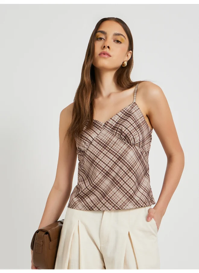 تايك تو Take Two Plaid Strappy V Neck Cami T-Shirt