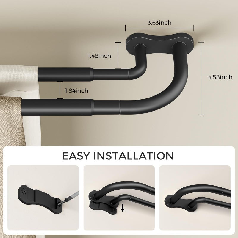 Wolistsa Double Curtain Rod, Black Wrap Around Blackout Dual Curtain Rods for Windows 48 to 84 inch, Adjustable Heavy Duty Curved Spliced Room Darkening Double Rods, All Metal, Aluminium Bracket - Image 4