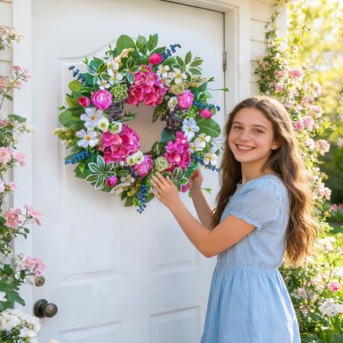 Soomeir Spring Wreaths for Front Door Outside Summer Wreath 24 Inch with Luxury Peony & Hydrangea Floral Wreaths with Greenery Colorful Seasonal Spring Door Wreath for Outdoor Home Decor - Image 3