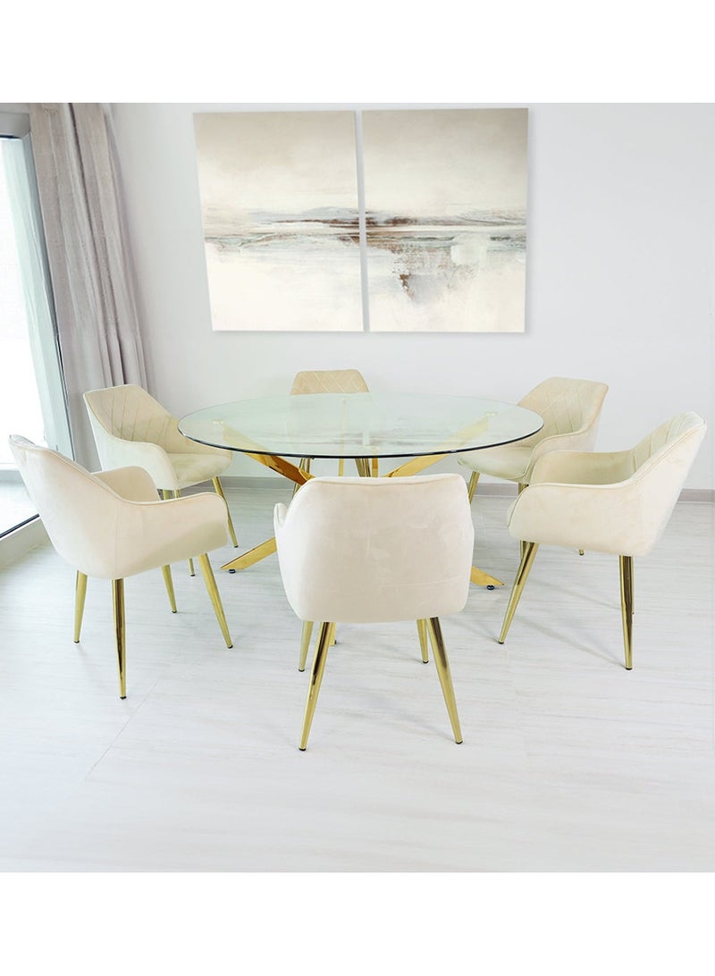 VANITY LIVING Davos Gold Round Dining Table Set - 6 Seater with Leon Cream Chairs, Elegant Modern Design - Image 1
