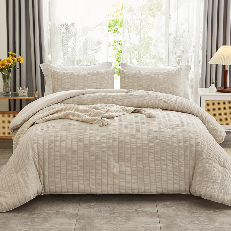 AveLom Beige Seersucker Queen Comforter Set 90x90 inches 3 Pieces100 Soft Washed Microfiber Lightweight Comforter with 2 Pillowcases All Season Down Alternative Comforter Set for Bedding