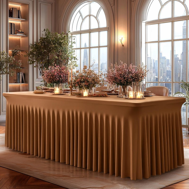 Shillance 2 Packs Brown Spandex Tableclothes for 6 Foot Rectangle Table, Spandex Table Covers 6FT Stretch Table Skirts Wrinkle Free Fitted Table Cloth for Event, Wedding, Banquet & Parties - Image 4