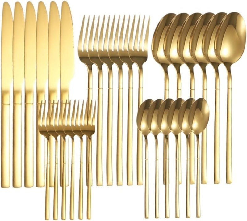 6/30pcs Stainless steel cutlery set, high-end steak knife, fork, dessert spoon, suitable for restaurant banquets parties(30pcs gold) - Image 1