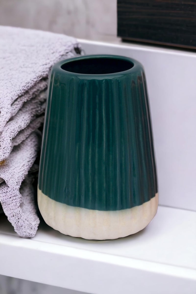 MALAIKAH Ceramic Dark Green Dual Tone Handmade And Hand Printed Brush Holder Pack Of 1, Ideal for Bathroom and Washbasin, Ideal For Makeup Brush Organizer - Image 1
