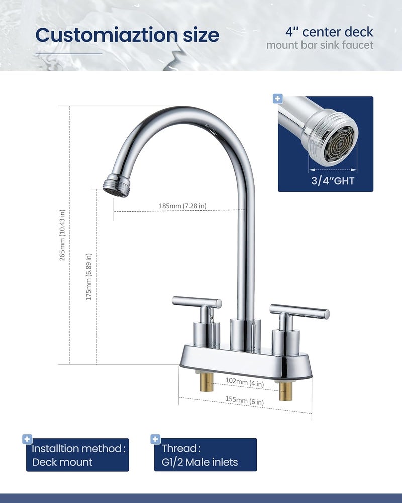 KroBer 4 Inch Centerset Laundry Faucet, 2 or 3 Hole Deck Mount, Chrome Utility Sink Faucet with 360° Swivel Spout and 3/4'' Thread End Garden Hose Adapter - Image 2