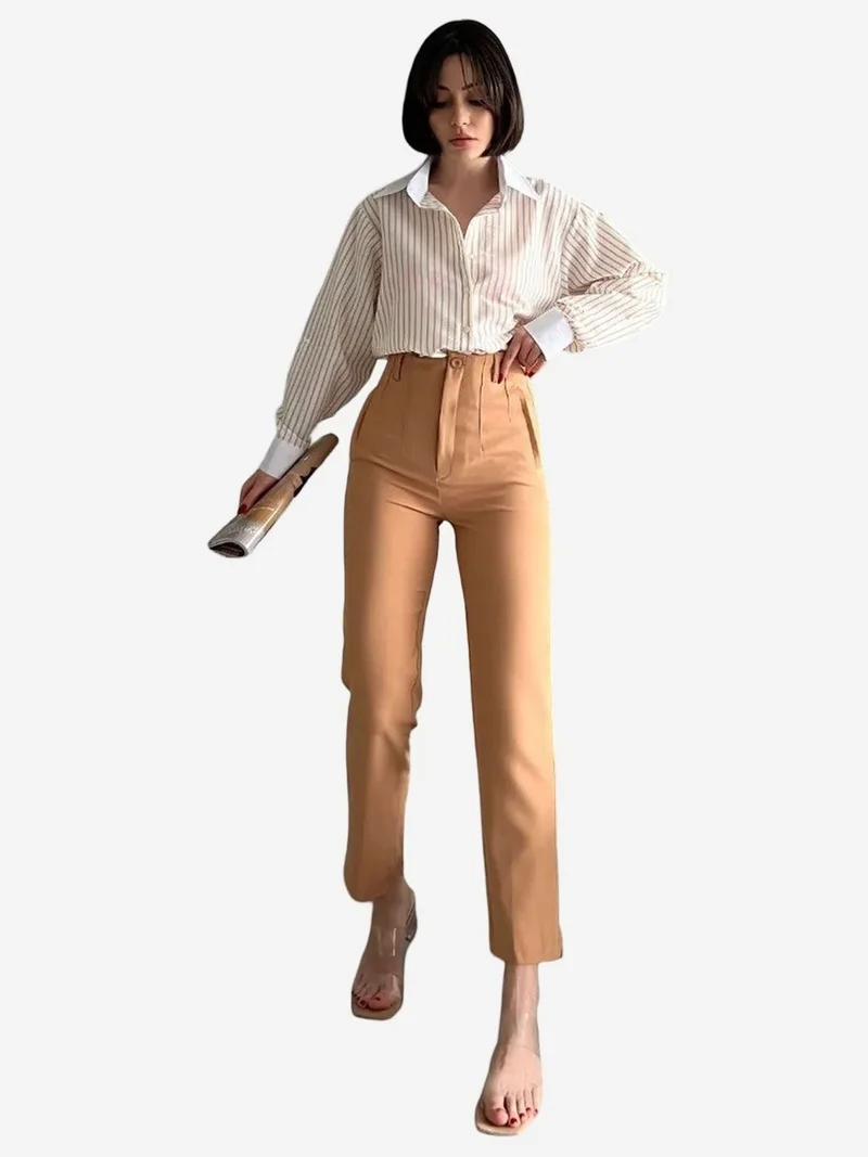 My Fashion Camel Brown MY FASHION High Waist Pleated Tailored Trousers for Women | Best Price UAE