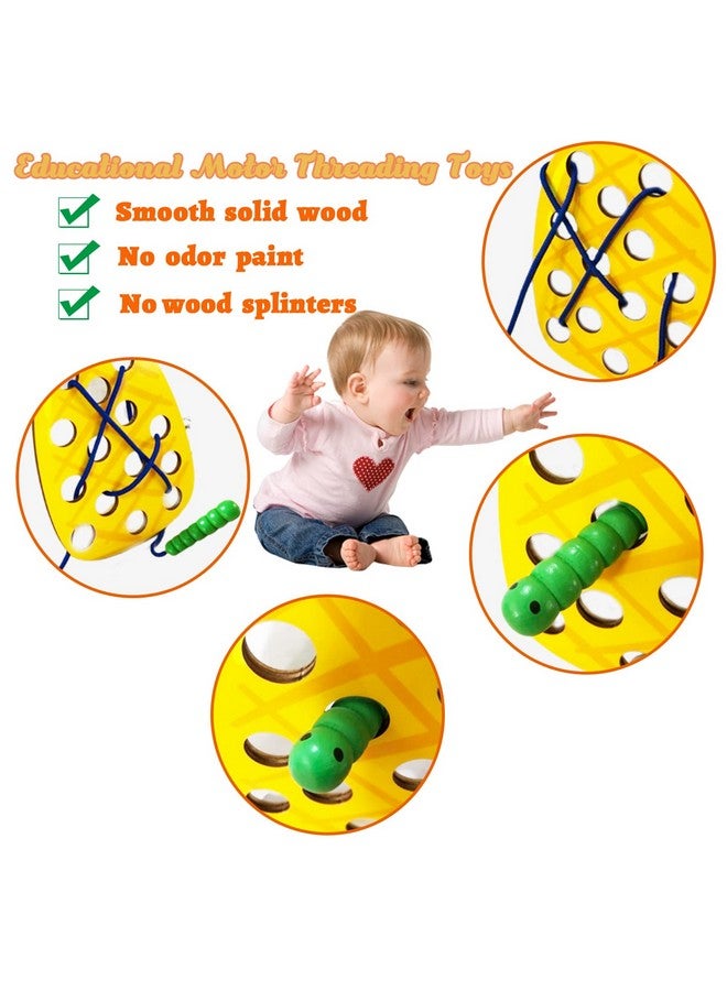 Fvcisshhu 4 Pack Wooden Lacing Toy,Educational Threading Activity Puzzles,Learning Fine Motor Skill Travel Toy,Wooden Fruit Threading Set for Toddlers Kids 3 4 5 Year 1 Apple,1 Watermelon,1 Pineapple,1 Pear - Image 2