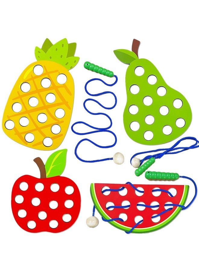 Fvcisshhu 4 Pack Wooden Lacing Toy,Educational Threading Activity Puzzles,Learning Fine Motor Skill Travel Toy,Wooden Fruit Threading Set for Toddlers Kids 3 4 5 Year 1 Apple,1 Watermelon,1 Pineapple,1 Pear - Image 1