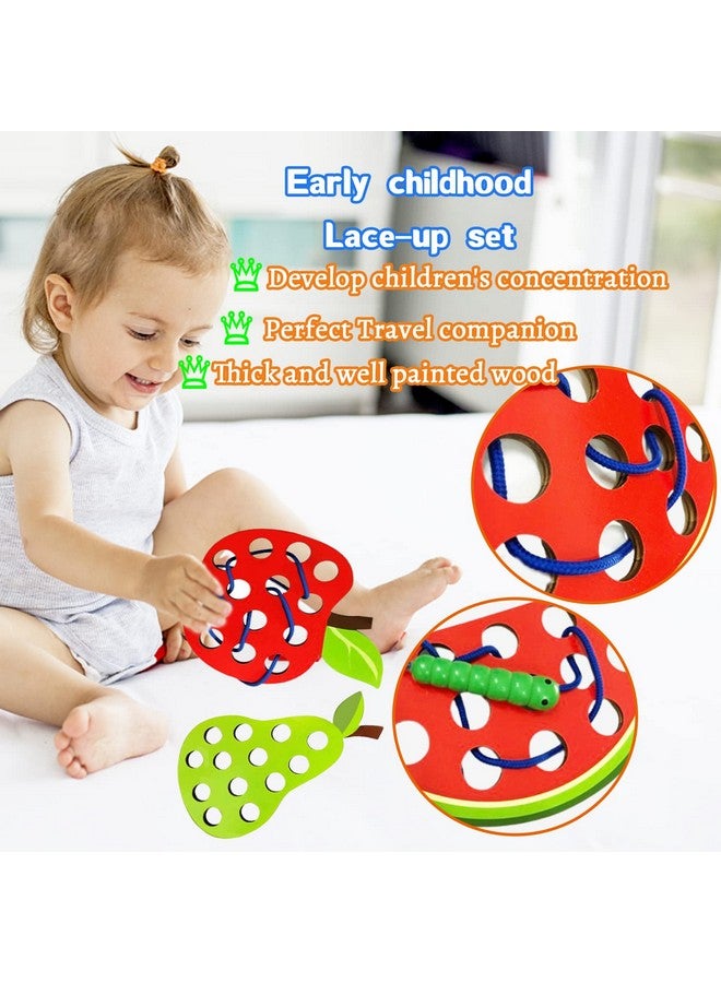 Fvcisshhu 4 Pack Wooden Lacing Toy,Educational Threading Activity Puzzles,Learning Fine Motor Skill Travel Toy,Wooden Fruit Threading Set for Toddlers Kids 3 4 5 Year 1 Apple,1 Watermelon,1 Pineapple,1 Pear - Image 4