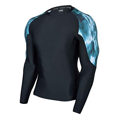 ADOREISM Men's Rash Guard Long Sleeves Splice UPF 50+ BJJ Jiu Jitsu Rash Guard Compression Swimming Shirts (Deep Ocean, XL) - Image 1
