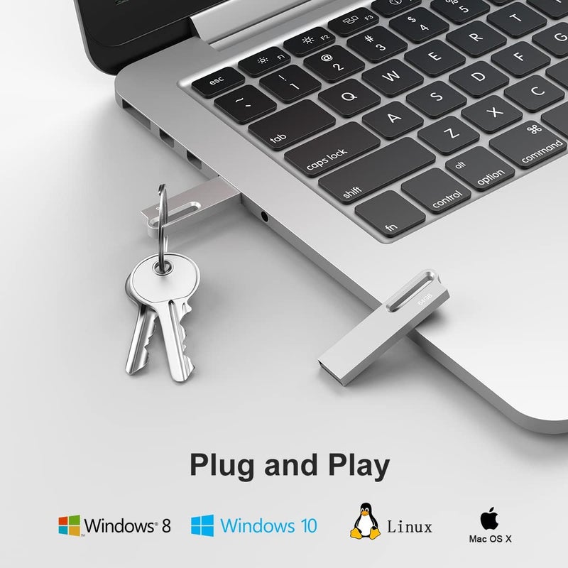 Aiibe ذاكرة فلاش Aiibe سعة 64 جيجابايت، مجموعة من 5 وحدات، محرك USB معدني، عصا ذاكرة USB 2.0 سعة 64 جيجابايت، مقاومة للماء مع سلسلة مفاتيح (فضي) - Image 2