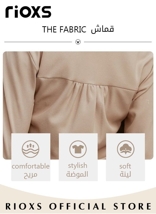 ريوكس - المرأة الصلبة اللون أنيق الشيفون القمصان الشق الخامس الرقبة نفخة طويلة الأكمام بلوزة فضفاضة تناسب عارضة قمم مكتب قمصان العمل الرسمية - Image 1