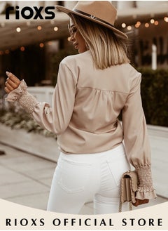 RIOXS Women's Solid Color Dressy Chiffon Shirts Notch V-neck Puff Long Sleeve Blouse Loose Fit Casual Tops Office Formal Work Shirts  - Image 4