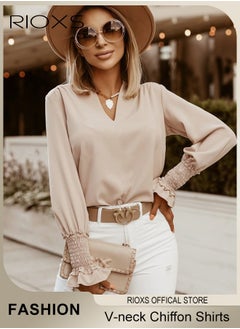 RIOXS Women's Solid Color Dressy Chiffon Shirts Notch V-neck Puff Long Sleeve Blouse Loose Fit Casual Tops Office Formal Work Shirts  - Image 1