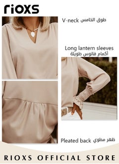 RIOXS Women's Solid Color Dressy Chiffon Shirts Notch V-neck Puff Long Sleeve Blouse Loose Fit Casual Tops Office Formal Work Shirts  - Image 5