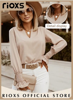 RIOXS Women's Solid Color Dressy Chiffon Shirts Notch V-neck Puff Long Sleeve Blouse Loose Fit Casual Tops Office Formal Work Shirts  - Image 3