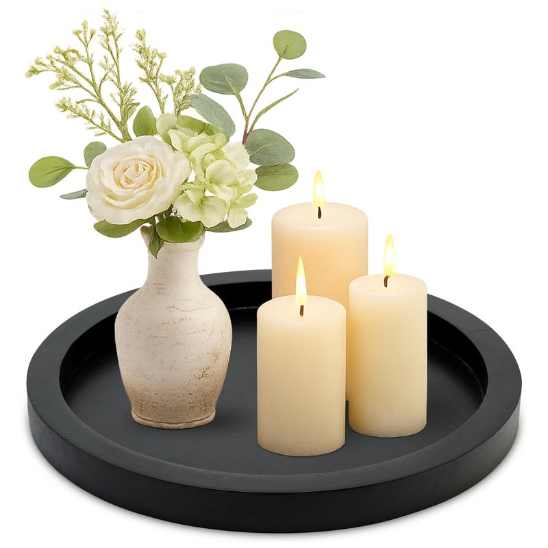 Ayiaren Round Decorative Tray for Coffee Dining Table Countertop Small Wooden Serving Trays Farmhouse Kitchen Home Living Room Decor and Bathroom Accessories Tray Black Rustic Wood Candle Centerpiece Trays - Image 1