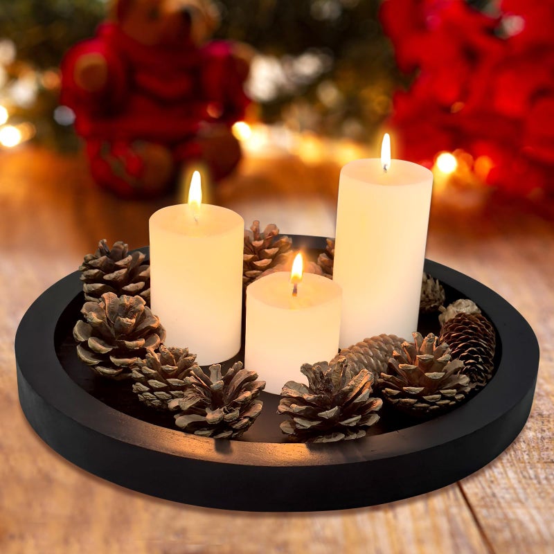Ayiaren Round Decorative Tray for Coffee Dining Table Countertop Small Wooden Serving Trays Farmhouse Kitchen Home Living Room Decor and Bathroom Accessories Tray Black Rustic Wood Candle Centerpiece Trays - Image 4