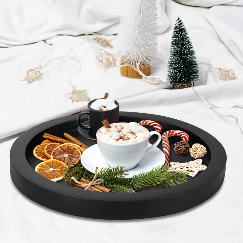 Ayiaren Round Decorative Tray for Coffee Dining Table Countertop Small Wooden Serving Trays Farmhouse Kitchen Home Living Room Decor and Bathroom Accessories Tray Black Rustic Wood Candle Centerpiece Trays - Image 5