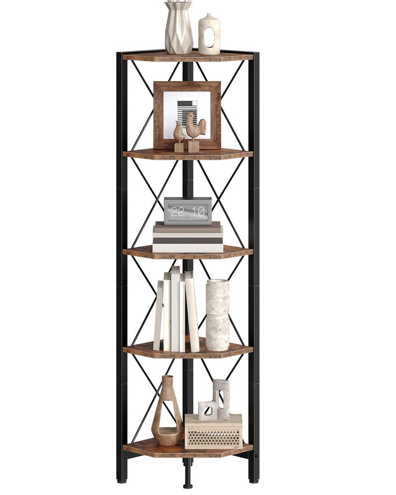 CHOEZON 5-Tier Corner Shelf, Corner Bookcase, 55.2" Tall Vertical Display Rack, Plant Stand, Open Storage Shelf, for Living Room, Bedroom, Study, Kitchen, Rustic Brown and Black TCJ12BF - Image 1