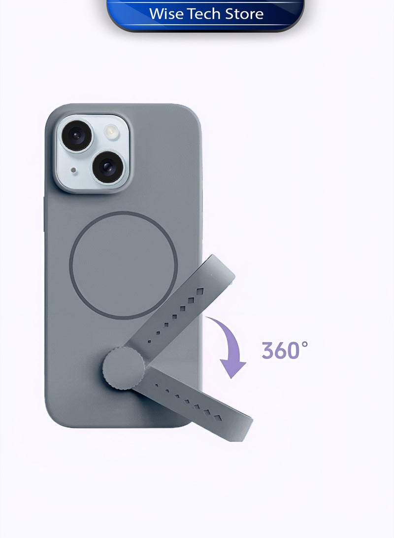 Wtech Apple iPhone 15 5G 2023 Invisible Magnetic Liquid Silicone Rotating Wristband Case Cover (MCRPSN) - Grey - Image 5