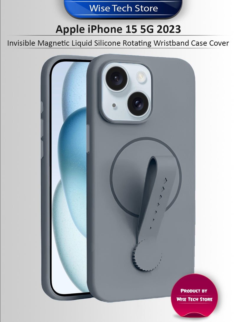 Wtech Apple iPhone 15 5G 2023 Invisible Magnetic Liquid Silicone Rotating Wristband Case Cover (MCRPSN) - Grey - Image 1